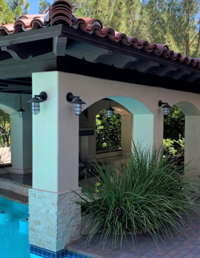 A gazebo with a pool in the backyard.
