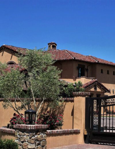 A house with a gate and palm trees in front.